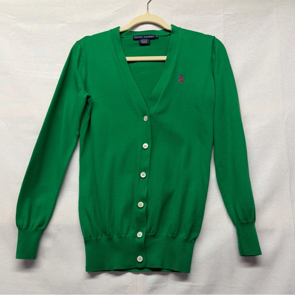Ralph Lauren Emerald Green V-Neck Button Cardigan with Pink Pony